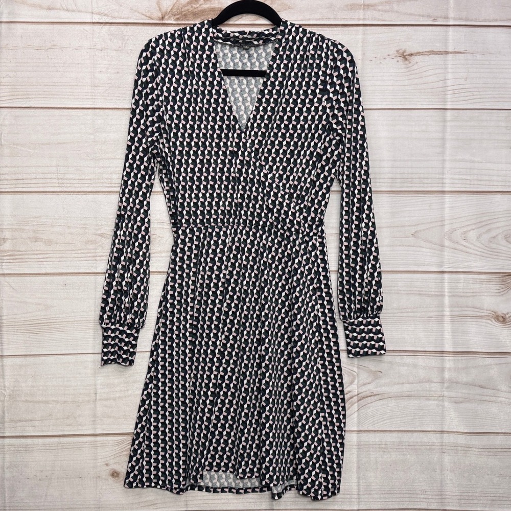 Adrianna Papell Small Faux Wrap Dress Geometric Cube Print Fit & Flare